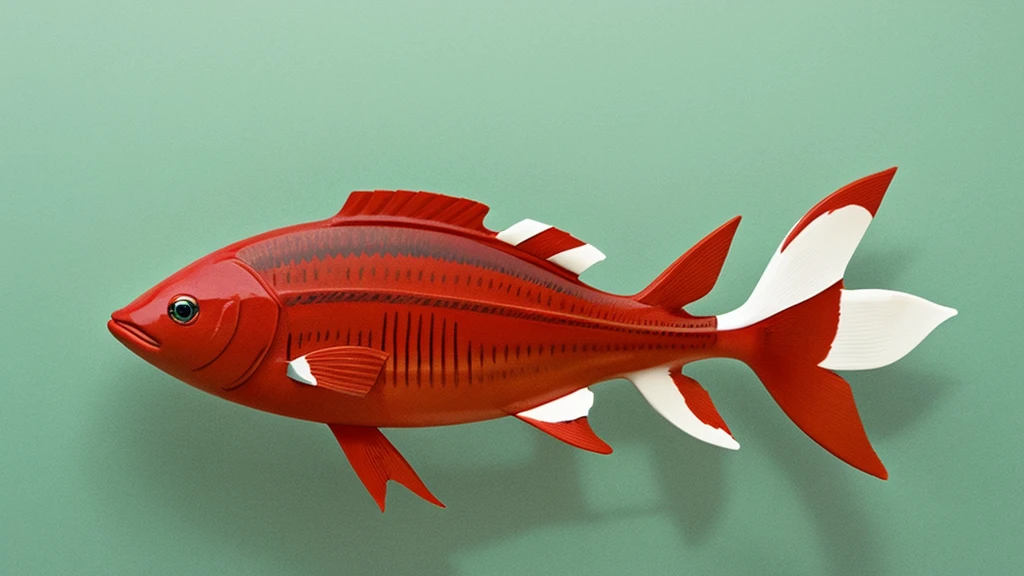 The image showcases a whimsical sculptural artwork. The composition features a ceramic depiction of a cat, playfully riding atop a red-green fish. The art style leans towards the whimsical and cartoonish, with smooth surfaces and vibrant, somewhat pastel colors. The cat, painted in white with yellow and pink accents, has an adorably mischievous expression, holding onto the fish. The fish's simplistic design includes minimal detailing with an overall red-green color and yellow accents at its fins and tail. Both the cat and the fish rest on a neutral, textured gray background, which does not distract from the playful centerpiece.
