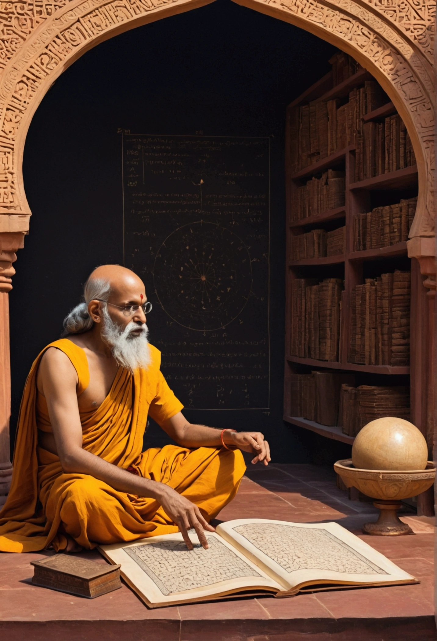 "Ancient Indian mathematician Aryabhata discovering the concept of zero, historical setting"
