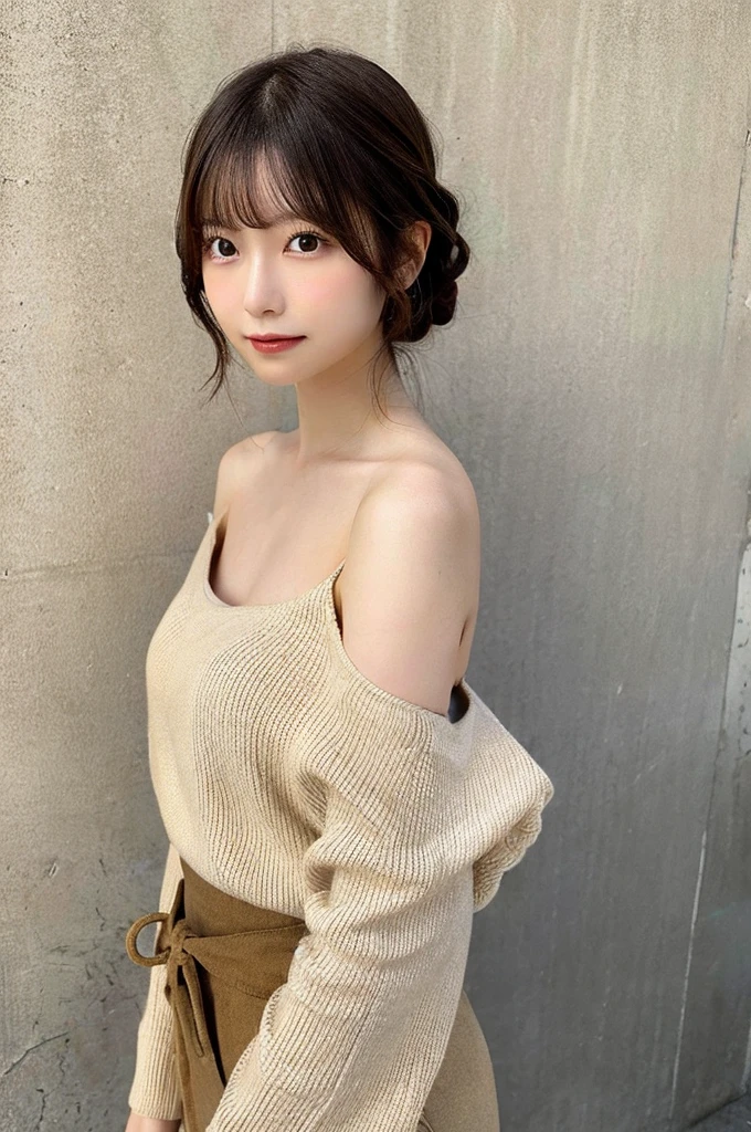 Pale-skinned Japanese . She is wearing a beige cold shoulder,