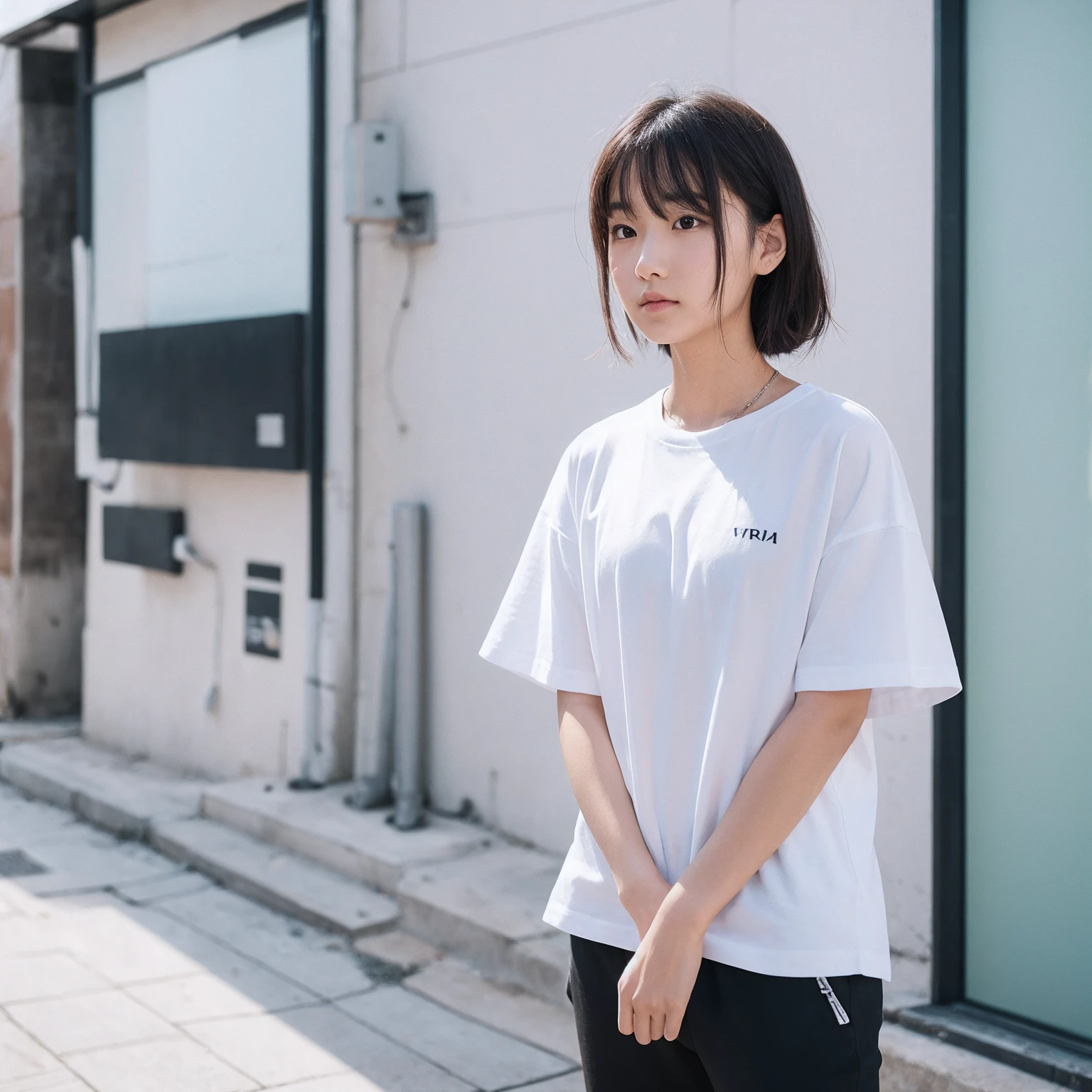 A person wearing a white T-shirt
