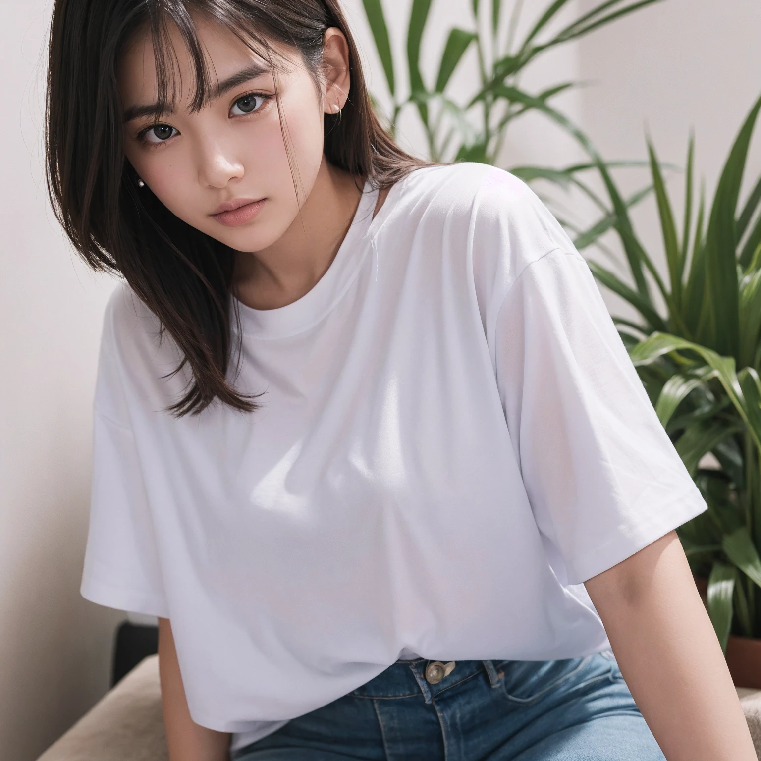 A person wearing a white T-shirt