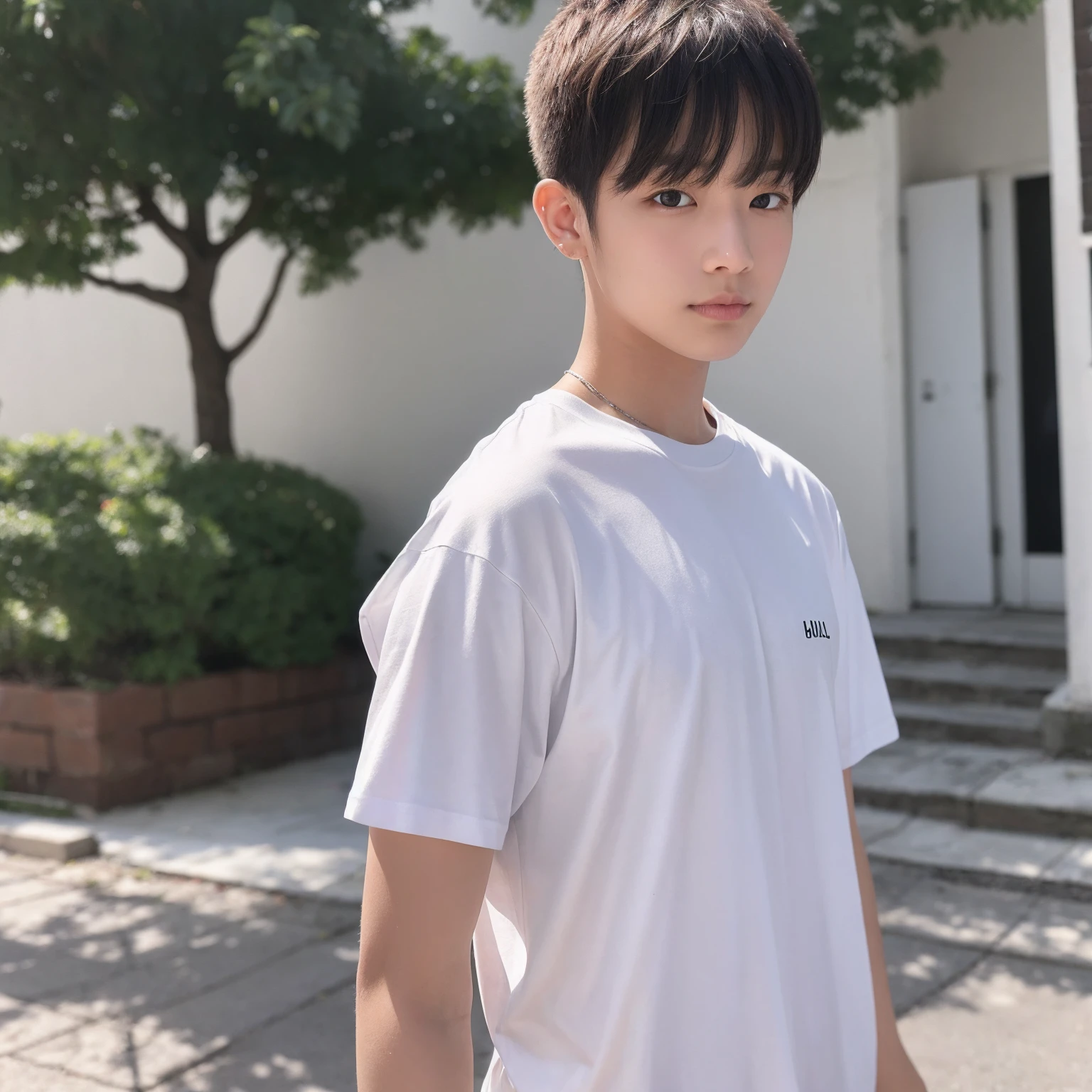 A person wearing a white T-shirt
