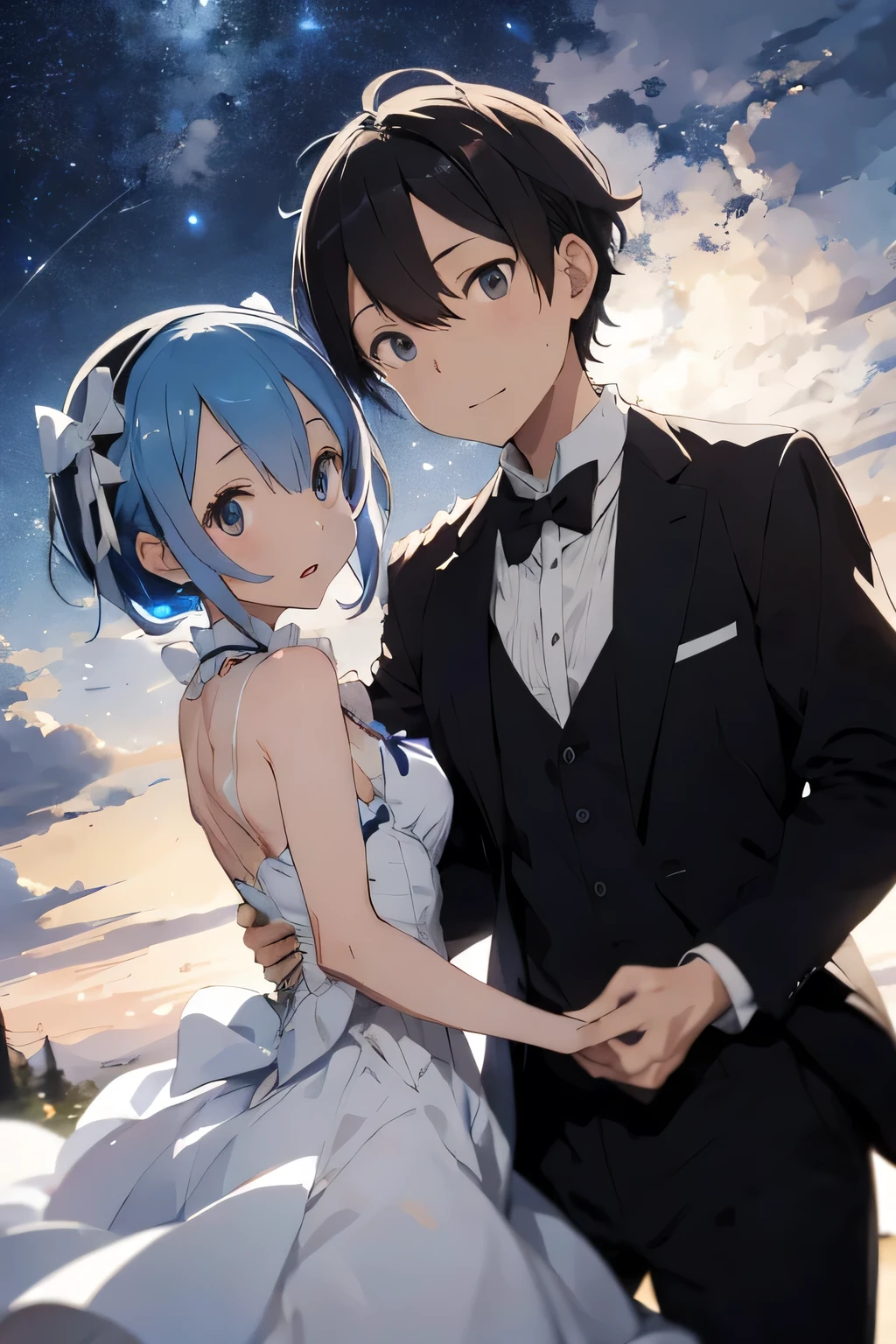 Rezero Rem and Subaru Natsuki dancing , Rem in white fancy dress and subaru with black suit as a gentleman