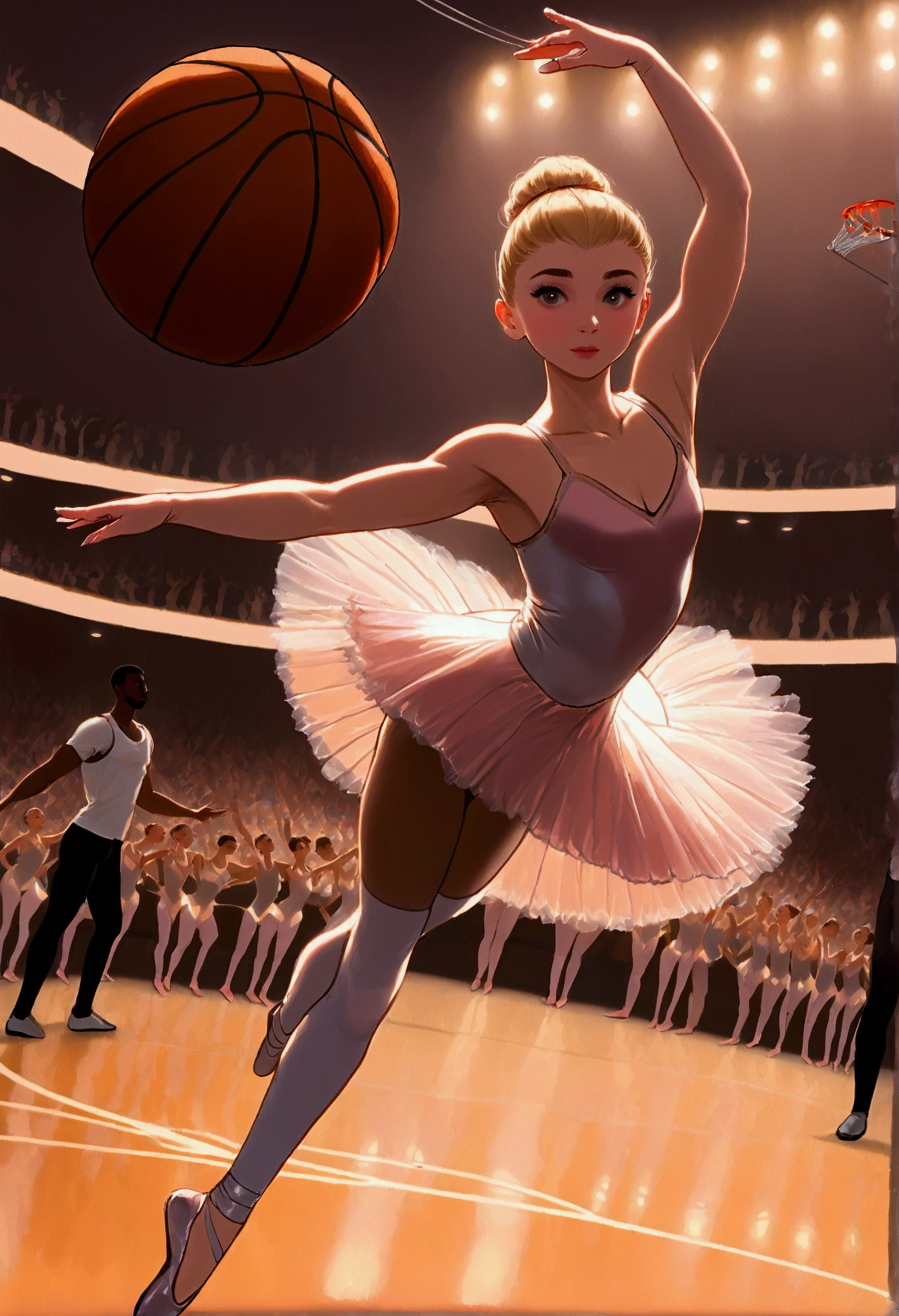 Arafed a sports capture picture of a beautiful ((ballet dancer: 1.5)),  (dunking at a basketball game: 1.3) at a basketball game, an exotic beautiful ballet dancer, blond hair, long hair, dynamic eyes color, concentrated look, determined look, best detailed face, dynamic skin color, wearing ballet clothes and shoes, and dunking, ultra wide shot, photorealistic, vibrant, Ultra-high resolution, High Contrast, (masterpiece:1.5), highest quality, Best aesthetics), best details, best quality, highres, ultra wide angle, 16k, [ultra detailed], masterpiece, best quality, (extremely detailed),