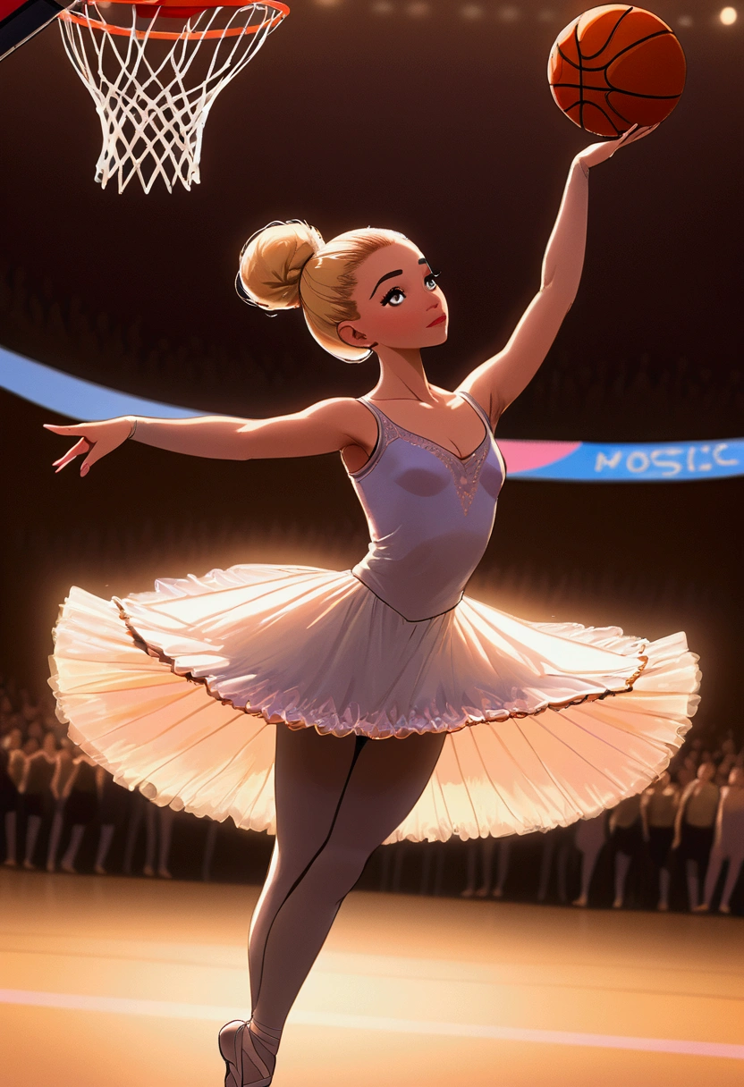 Arafed a sports capture picture of a beautiful ((ballet dancer: 1.5)),  (dunking at a basketball game: 1.3) at a basketball game, an exotic beautiful ballet dancer, blond hair, long hair, dynamic eyes color, concentrated look, determined look, best detailed face, dynamic skin color, wearing ballet clothes and shoes, and dunking, ultra wide shot, photorealistic, vibrant, Ultra-high resolution, High Contrast, (masterpiece:1.5), highest quality, Best aesthetics), best details, best quality, highres, ultra wide angle, 16k, [ultra detailed], masterpiece, best quality, (extremely detailed),