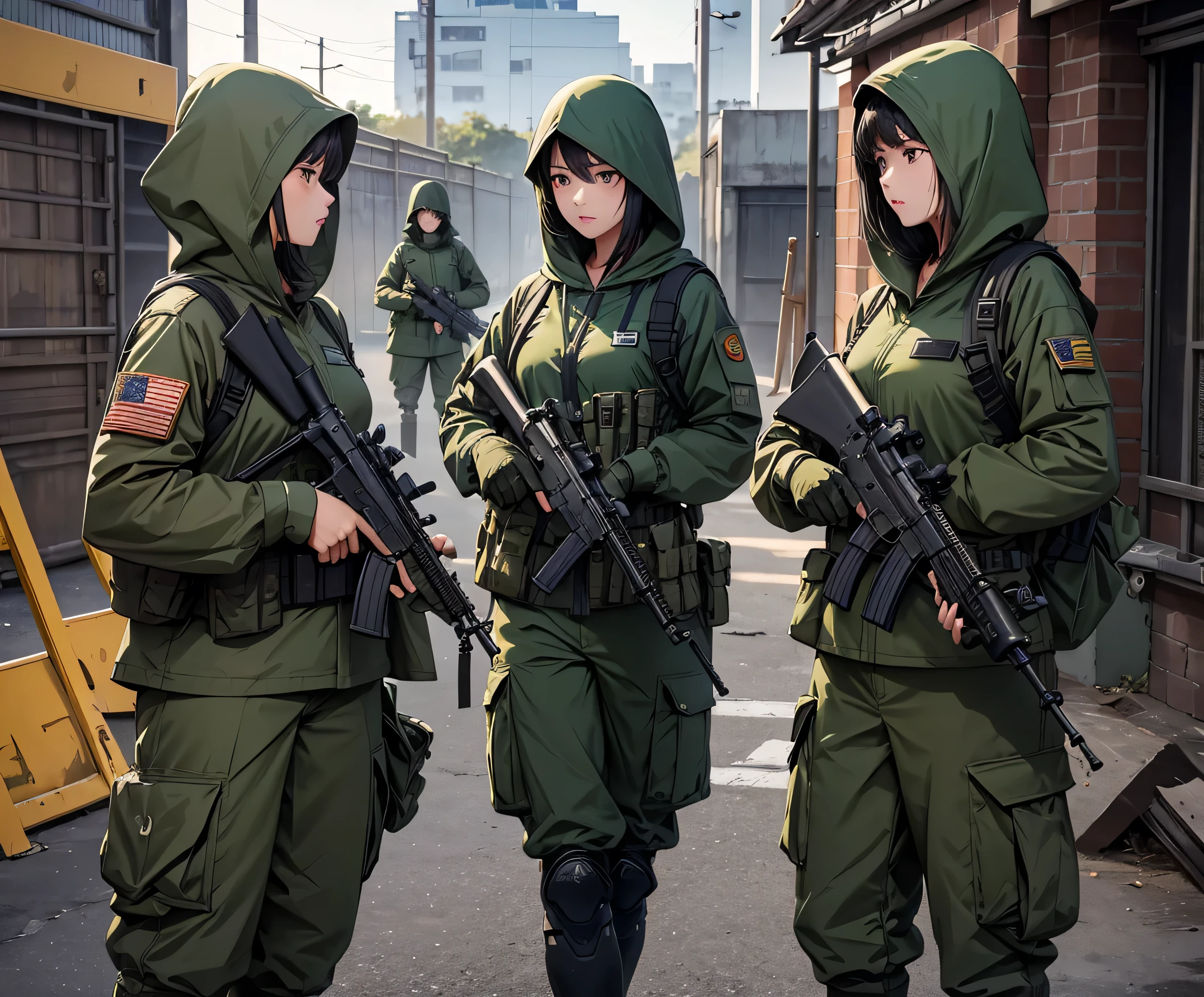 A group of female soldiers guarding the factory with guns,All wear dark green M-51 hooded military uniforms、Hooded on head、Magazine Pouch、Military Pants、Knee pads,Write details、masterpiece、best quality、Highly detailed CG、8K picture quality