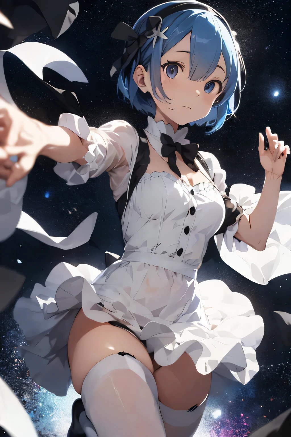Rezero Rem dancing with Subaru in white fancy dress and subaru with black suit as a gentleman