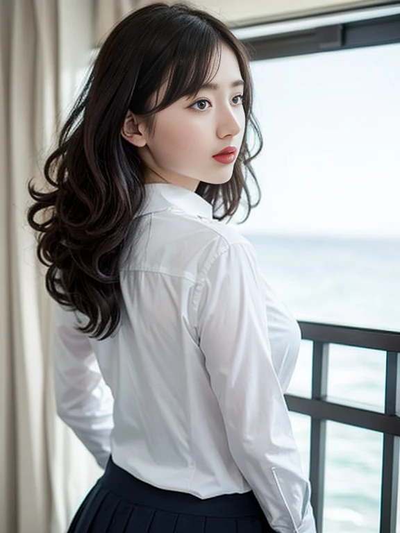 Gray background、pubic hair、Large Breasts、Thighs、Red lipstick、Curly Hair、Disheveled Hair、Cute woman、high school girl、White shirt、Navy blue mile、Open chest shirt、Watching from behind、Butt、One Woman、Gazing at the sea、