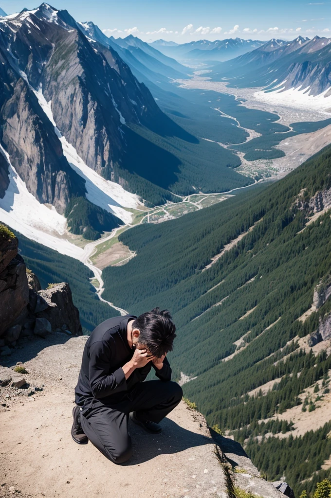 A man praying on top of a mountain