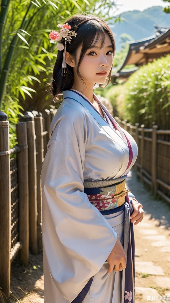 a beautiful japanese girl, wearing a kimono and simple headdress, on a dirt road flanked by high fences made of stone and bamboo like villages in Japan, sunlight exposure, warm lighting, intricate details, extremely detailed, best quality, Ultra HD, 4k, 8k, masterpiece, medium breast