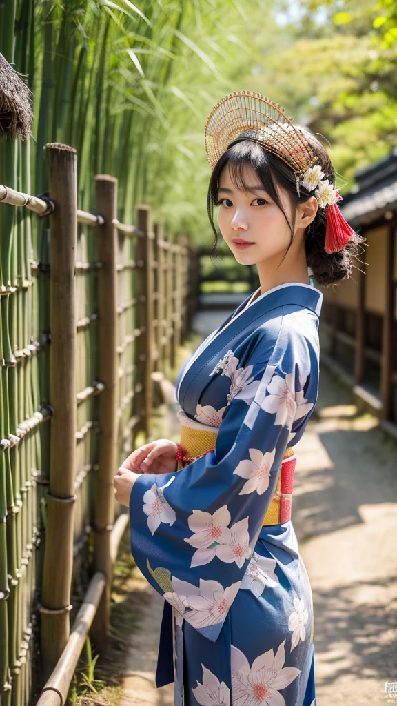 a beautiful japanese girl, wearing a kimono and simple headdress, on a dirt road flanked by high fences made of stone and bamboo like villages in Japan, sunlight exposure, warm lighting, intricate details, extremely detailed, best quality, Ultra HD, 4k, 8k, masterpiece, medium breast