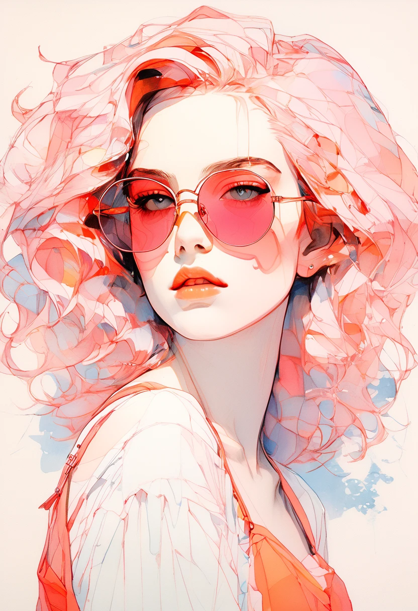 (Highest quality、masterpiece)、(Concept Art)、(Avatar)、(icon)、((One Woman))、((alone))、 (Upper Body)、short hair, (Glowing Skin:1.2), Glasses, Modern, wavy pink hair, pink suspenders, With a flower on your ear, Harajuku Style, hairpin, (Soft Light)、(Soft Shading)、 (pastel colour)、(ink)、(Sketch Style)、(bright)、(Sargent-style watercolor)、(Edmund Leighton Style)、((White Background))、((Blank Background))、
