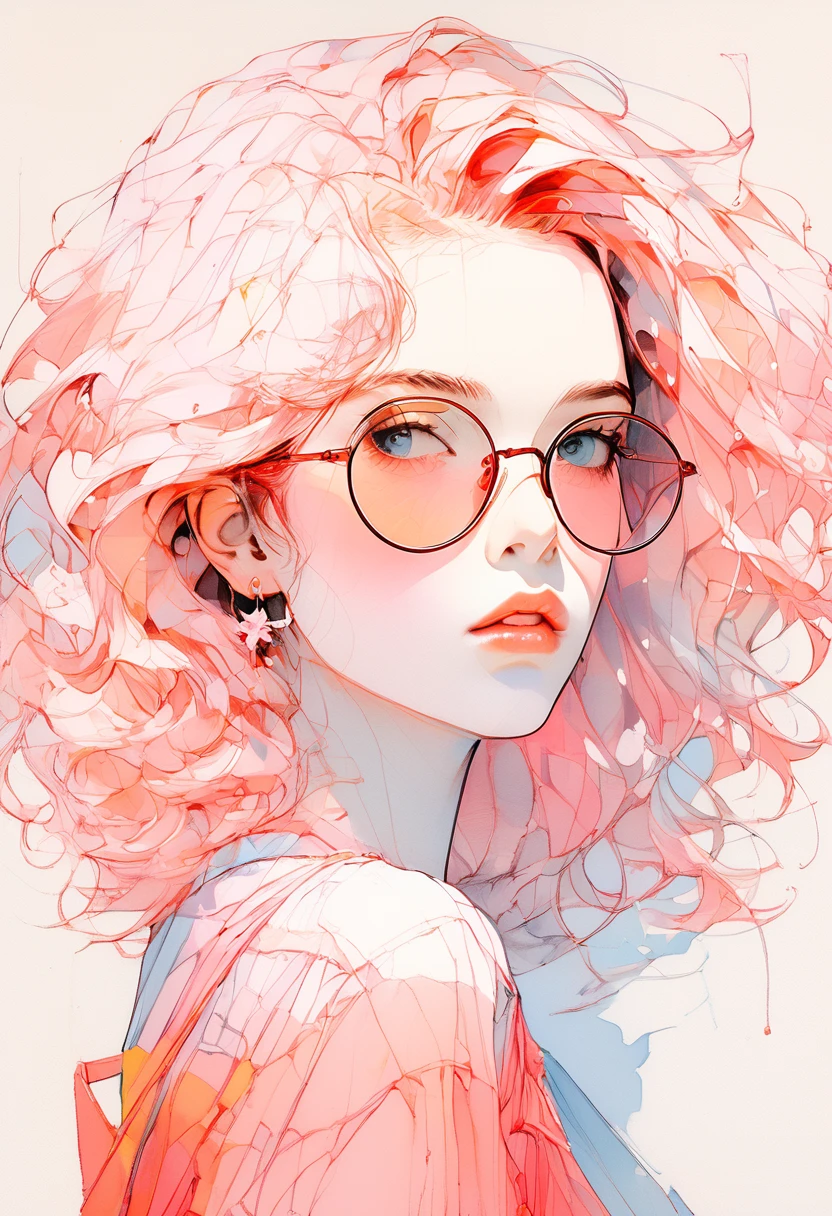  (Highest quality、masterpiece)、(Concept Art)、(Avatar)、(icon)、((One Woman))、((alone))、 (Upper Body)、short hair, (Glowing Skin:1.2),  Glasses, Modern, wavy pink hair, pink suspenders, With a flower on your ear, Harajuku Style, hairpin, (Soft Light)、(Soft Shading)、 (pastel colour)、(ink)、(Sketch Style)、(bright)、(Sargent-style watercolor)、(Edmund Leighton Style)、((White Background))、((Blank Background))、