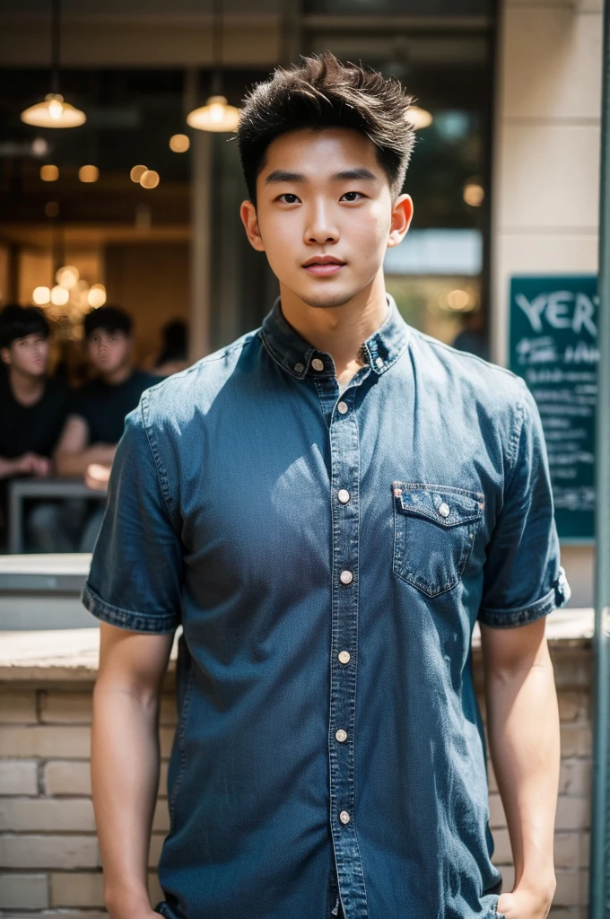 ((realistic daylight)) , Young Korean man in a black t-shirt with no pattern, a denim shirt, and jeans., A handsome, muscular young Asian man looks at the camera. , in the restaurant ,turn sideways