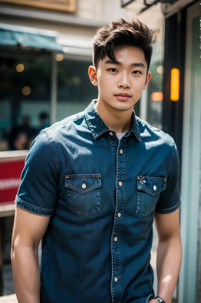 ((realistic daylight)) , Young Korean man in a black t-shirt with no pattern, a denim shirt, and jeans., A handsome, muscular young Asian man looks at the camera. , in the restaurant ,turn sideways