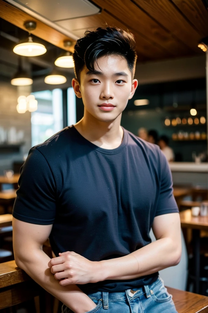 ((realistic daylight)) , Young Korean man in a black t-shirt with no pattern, a denim shirt, and jeans., A handsome, muscular young Asian man looks at the camera. , in the restaurant ,turn sideways