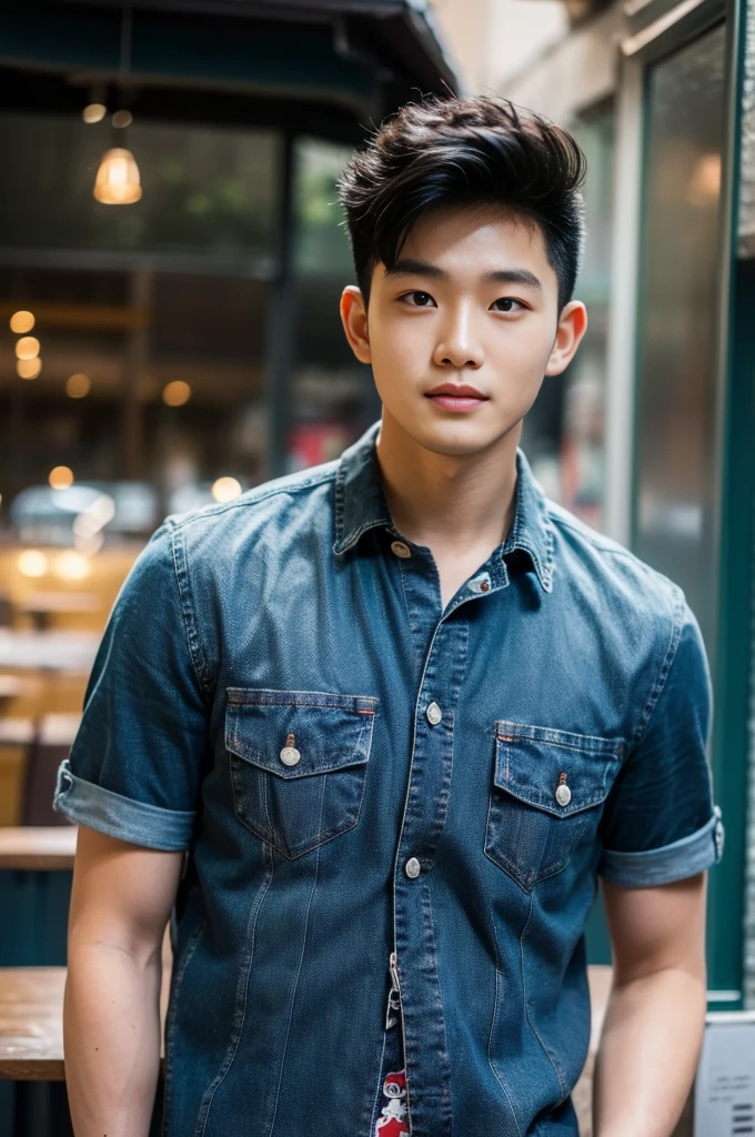 ((realistic daylight)) , Young Korean man in a black t-shirt with no pattern, a denim shirt, and jeans., A handsome, muscular young Asian man looks at the camera. , in the restaurant ,turn sideways