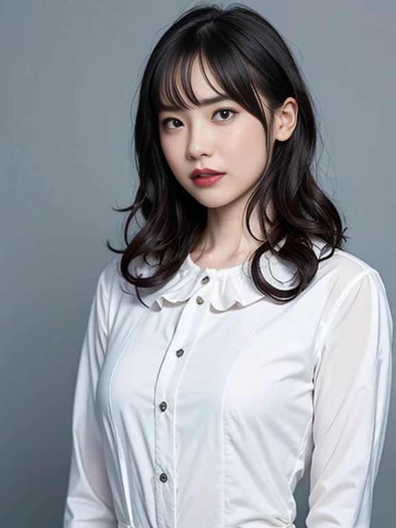 Gray background、pubic hair、Large Breasts、Thighs、Red lipstick、(((Glaring)))、Curly Hair、Disheveled Hair、Cute woman、high school girl、White shirt、Navy frill mile、Open chest shirt