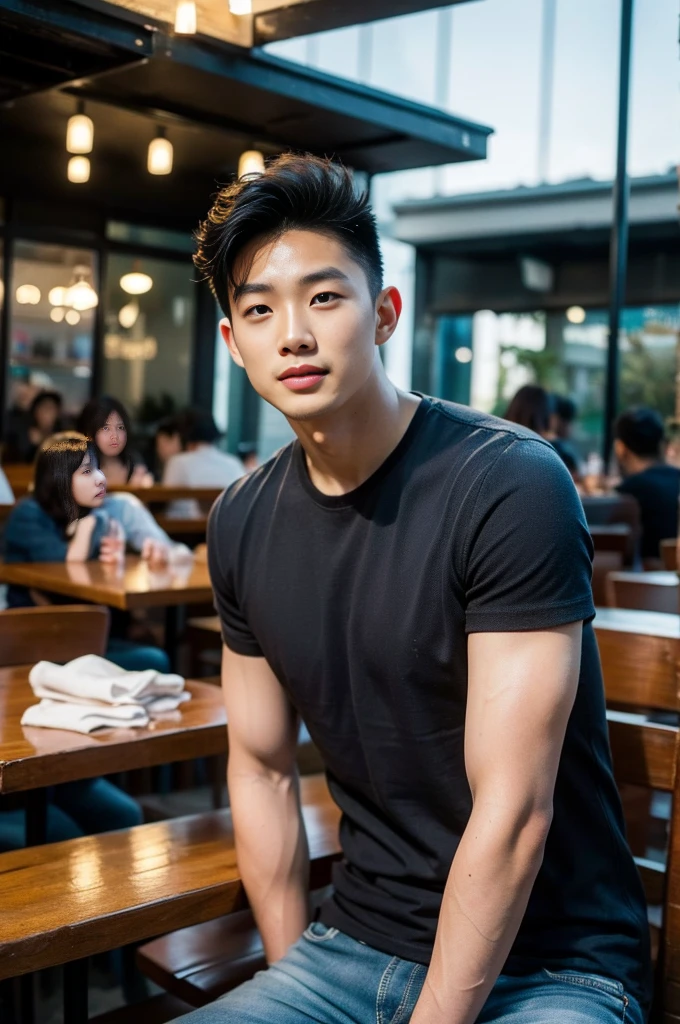 ((realistic daylight)) , Young Korean man in a black t-shirt with no pattern, a denim shirt, and jeans., A handsome, muscular young Asian man looks at the camera. , in the restaurant ,turn sideways