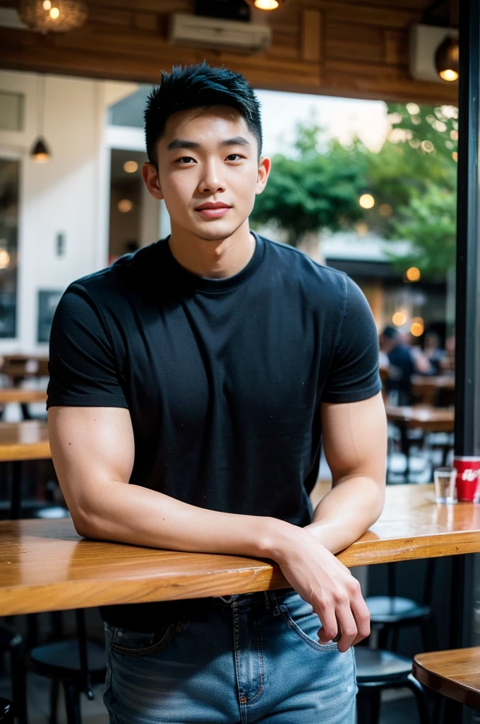 ((realistic daylight)) , Young Korean man in a black t-shirt with no pattern, a denim shirt, and jeans., A handsome, muscular young Asian man looks at the camera.  , in the restaurant ,turn sideways