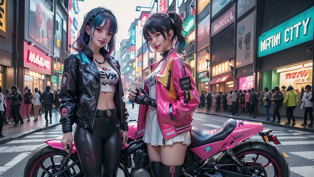 (2 smiling cyberpunk girls posing for photo), solo, waist up, (from above), (((colorful dyed hairstyle, cyberpunk clothing, standing in front of motorcycle, neon cyberpunk city street, (Harajuku tech jacket with logos m:1.2)))), official art, unity 8k wallpaper, ultra detailed, aesthetic, masterpiece, best quality, photorealistic