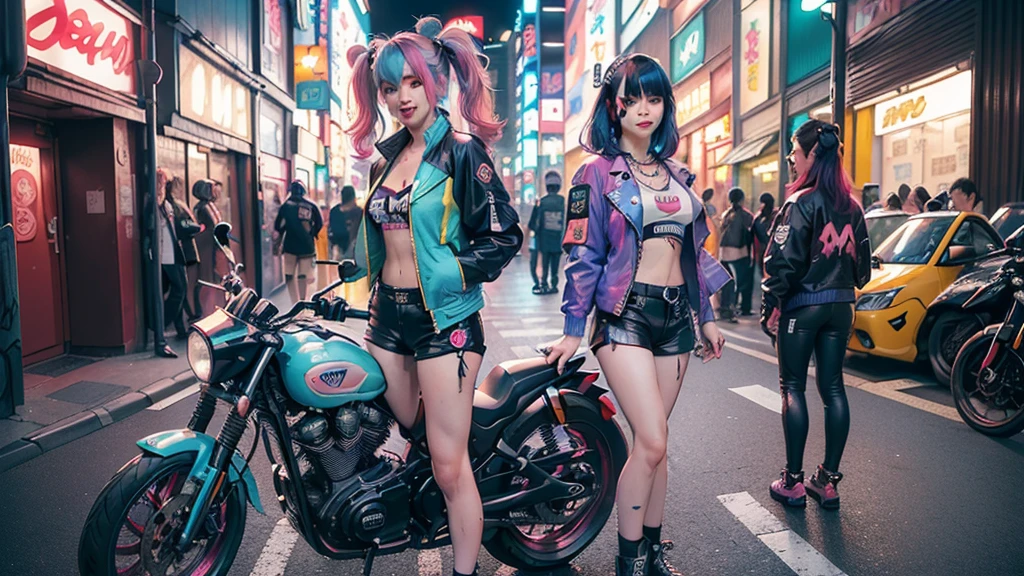 (2 smiling cyberpunk girls posing for photo), solo, waist up, (from above), (((colorful dyed hairstyle, cyberpunk clothing, standing in front of motorcycle, neon cyberpunk city street, (Harajuku tech jacket with logos m:1.2)))), official art, unity 8k wallpaper, ultra detailed, aesthetic, masterpiece, best quality, photorealistic