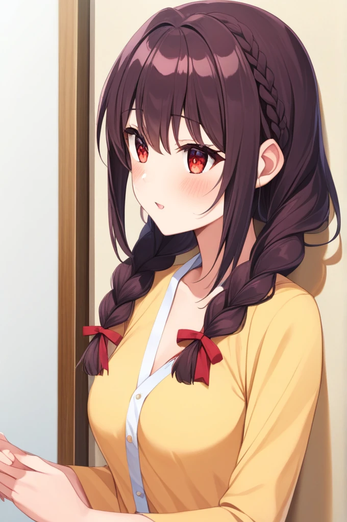 alone, One girl、Crown braids in the same color as your hair, hair ornaments, Hair Ribbon,(A yellow kimono with a red floral pattern and a red obi)、Red Eyes、Black Hair、(blush:1.5)、(Embarrassed face 1.4)、Larger breasts、Dressing room
