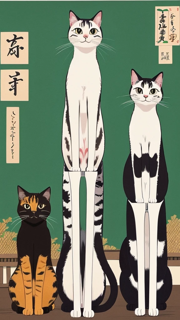 Title: “Cheeky Three-Head Tall Cat Standing on Two Legs”

Description:
“Create an illustration of a cheeky, anthropomorphic cat with a mischievous expression. The cat should be three-heads tall and standing confidently on its two hind legs. Incorporate elements of a traditional Japanese setting to give the artwork a unique cultural touch.”