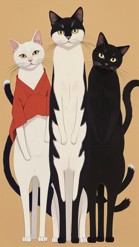 Title: “Cheeky Three-Head Tall Cat Standing on Two Legs”

Description:
“Create an illustration of a cheeky, anthropomorphic cat with a mischievous expression. The cat should be three-heads tall and standing confidently on its two hind legs. Incorporate elements of a traditional Japanese setting to give the artwork a unique cultural touch.”