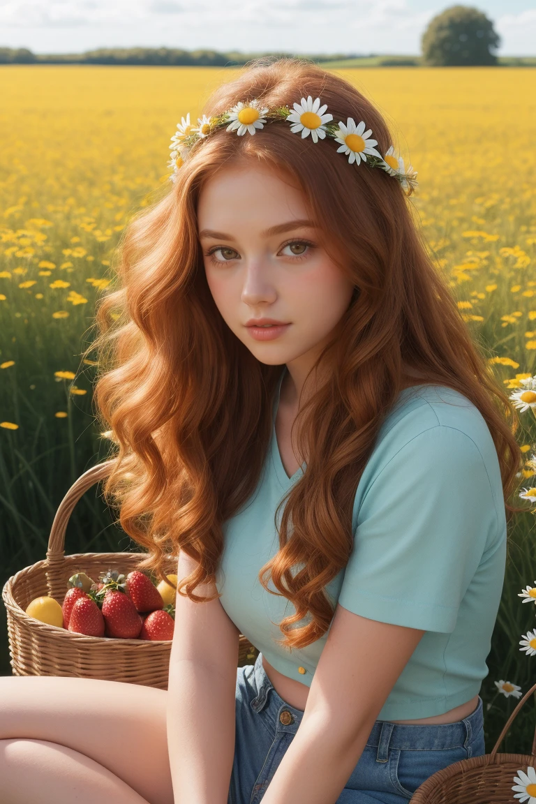 (girl:1.2),alone, (long ginger curly hair:1.1), brown eyes, Wearing a daisy wreath on your head, Sit in a daisy field, (fruit basket:1.1), blue shorts, red shirt,,raw,photographic,photo shadows,actual,Ridiculous,Aesthetic,elegant
