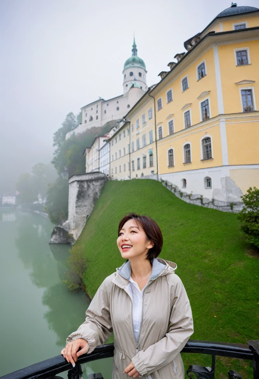 high quality, 1 woman, ((36 years old 건강한 한국 여성)), ((36 years old)), 1 woman, The eyes are big and beautiful. ((slim)), ((short medium hair)), laugh. pose: standing, windbreaker jacket, background:Your residence is a baroque townhouse with a plaster façade and wrought iron railings.... Overlooking the Salzach River and Hohensalzburg Fortress, Morning fog,, looking slightly upward, 1 woman, Full body shot with Canon 16-34 wide angle lens, View: river view, look up to the side, There is a thick fog in the river..