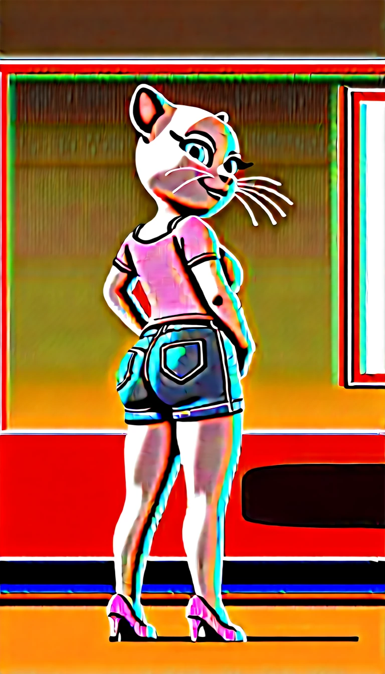 solo focus, a_la, 1girl, cat, white fur, long whiskers on both sides of the face, big bright blue eyes, big black eyelashes, big ass, big breasts, pink nose, triangle ears with pink channels, long legs, , high heels, short jeans, pink t-shirt. side view. in bed, a sad smile, at home, when I look back.Score_9, Score_8_up, Score_7_
