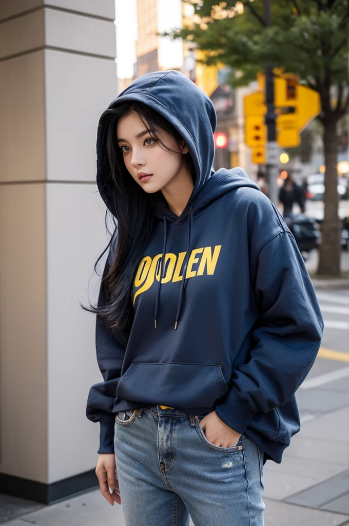 A wolf-like woman with dark blue hair, yellow eyes, long hair, a hoodie, and long jeans.