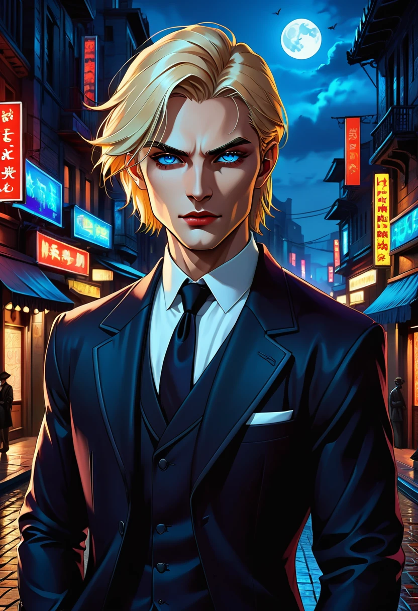 An elegant man with an athletic physique. His blonde hair is perfectly styled and combed back. He has sharp, aristocratic facial features and piercing blue eyes. His immaculate suit is tailor-made, mostly in dark colors like black or navy blue, and he wears an expensive watch and polished leather shoes. His demeanor is confident and controlled. backdrop: World of Darkness, dark urban fantasy, natta, City, City, neon lights, nattaleben, Vampire.. backdrop: World of Darkness, dark urban fantasy, natta, City, City, neon lights, nattaleben, Vampire. highest quality, muito detalhado, This character embodies a finely crafted western ranger in fantasy realism style in anime style, exquisite and mature manga art style, porcelain skin, perfect skin, perfect eyes, High Resolution, best quality, highres, Ultra-detail, Finest painting, extremely sensitive, Specialist, anatomically correct, symmetrical face, extremely detailed eyes and face, High quality eyes, creativity, RAW-Foto, uhd, 32k, natural light, cinematic lighting, ​masterpiece-anatomy-perfect, ​masterpiece:1.5