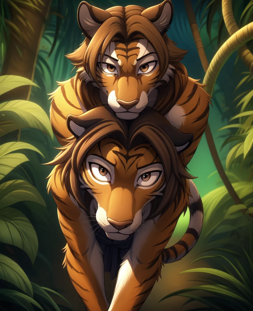 floratwokinds, flora, twokinds, by tom_fischbach,, absurdres, highres, 1girl, furry, tiger fur, orange fur, white fur, brown hair, cowboy shot, detailed face and eyes, standing, from below, tail, smug,
jungle,