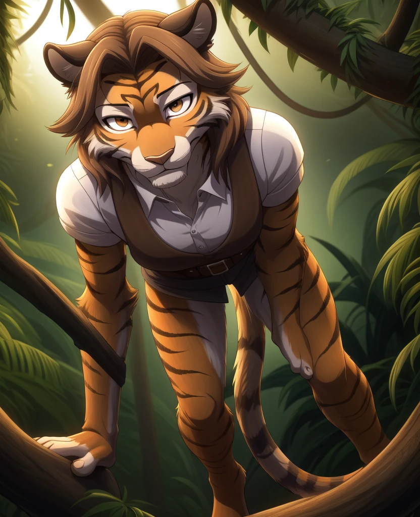 floratwokinds, flora, twokinds, by tom_fischbach,, absurdres, highres, 1girl, furry,  tiger fur, orange fur, white fur, brown hair,  cowboy shot, detailed face and eyes, standing, from below, tail, smug, 
jungle,