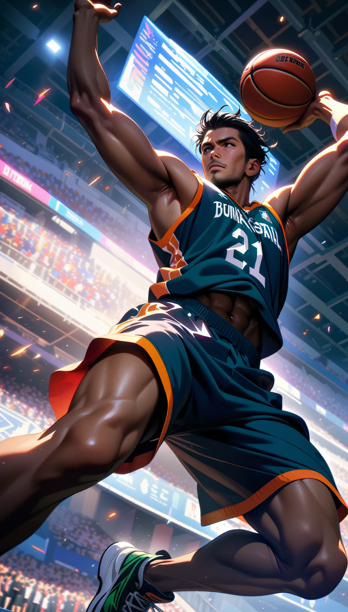 Masterpiece, Best Quality, Super Detailed, High Definition, Expensive Resolution, HDR, Super Detailed CG, Beautiful Details, Depth, Fine Texture, Super Fine, Complete concentration, Handsome man, black skin, tanned, male basketball player, short hair, black hair, aqua eyes, basketball uniform, jumping, mid-air, dynamic motion blur, dunking the basketball with power, 1 male, Cold face and eyes, ethereal atmosphere, intricate details, volumetric lighting, iridescent colors, atmospheric lighting, lens flare, Cinematic light, colorful light, particles, black and white colors schemes, epic scale, dramatic action, dynamic composition, vibrant colors, depth of field, detailed textures, sports arena stadium surrounded by a cheering audience,