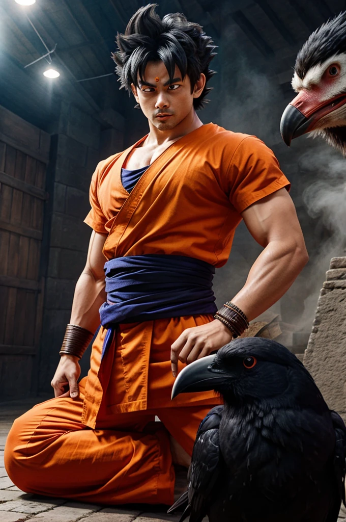 Goku in indian style with a big crow
