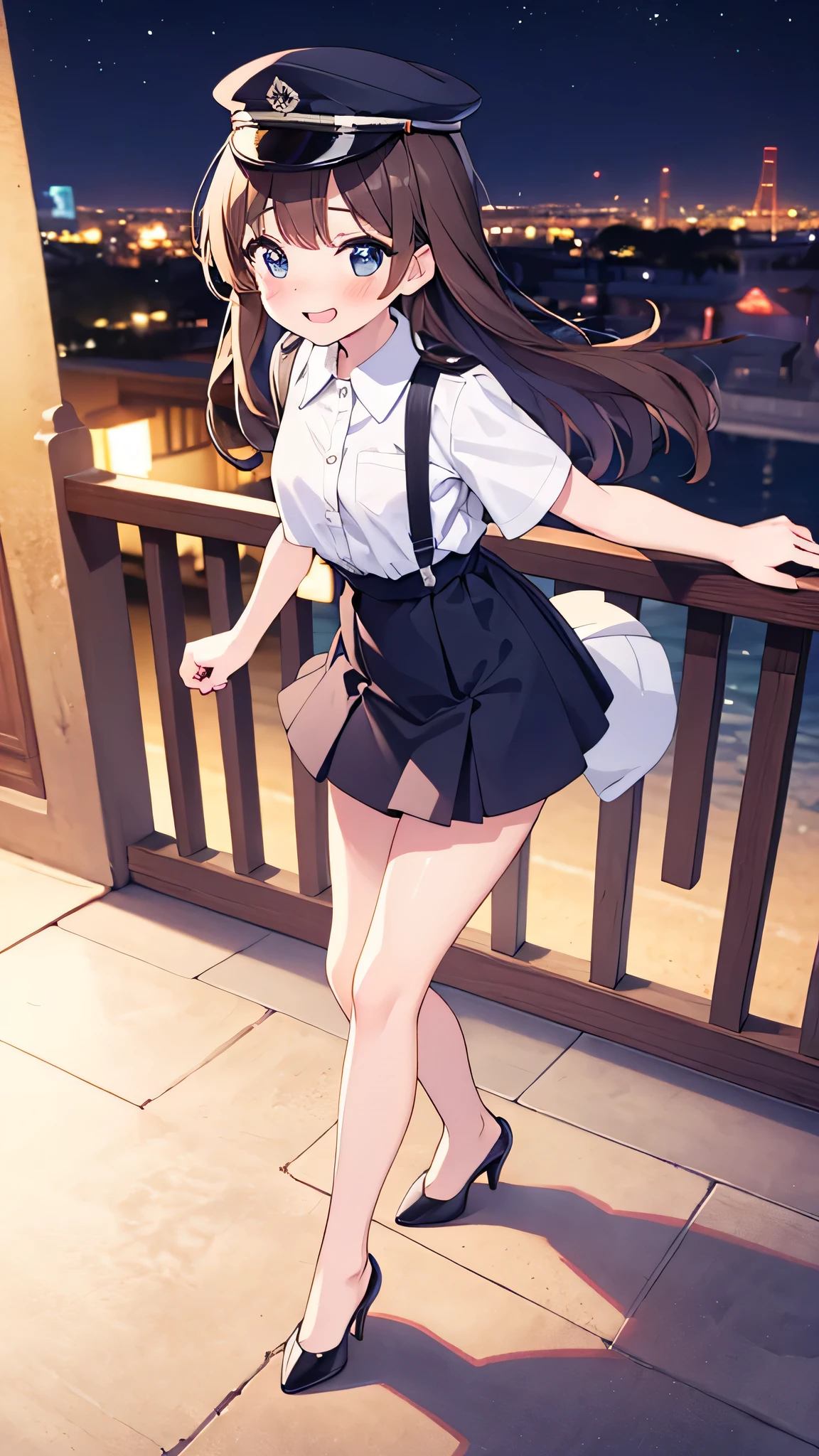 {Highest quality}, {Super beautiful},{Ultra fine},{Best illustration},Brown Hair,Hime cut,semi-long,Bangs,Standing Woman,Uniform cap,White Shirt,Short sleeve,Long black skirt,Night Park,Embarrassed,smilingly,Blushing,Slender women, A woman wearing plain black pumps,Bare feet and pumps,From an angle,From above