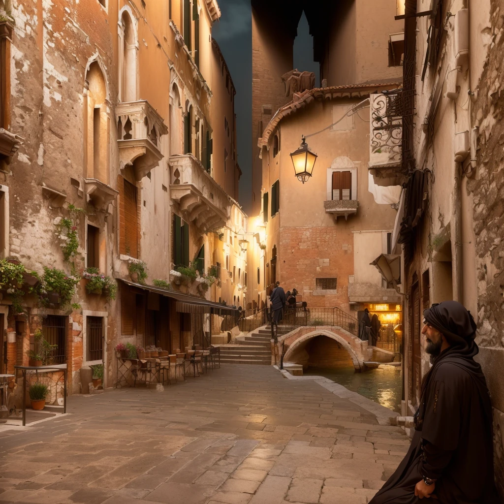 Arabian man sitting on a wall in a narrow street, Venice, Explore the city, In the middle of the city, Venice biennale, In a city with a rich history, Italy, On the city streets, alleyに立っている, alley, on the road, Narrow, winding and cozy streets, Bella, Standing in the city centre