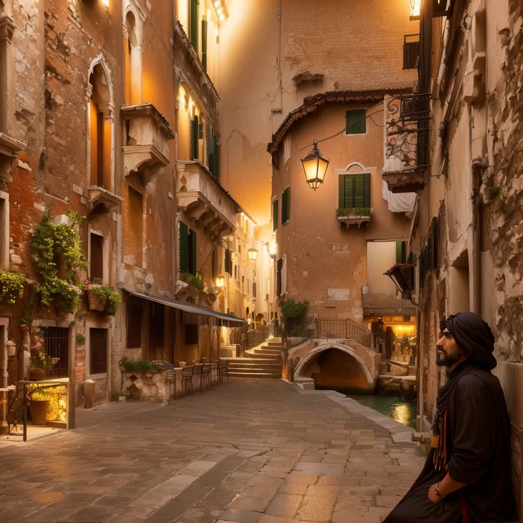 Arabian man sitting on a wall in a narrow street, Venice, Explore the city, In the middle of the city, Venice biennale, In a city with a rich history, Italy, On the city streets, alleyに立っている, alley, on the road, Narrow, winding and cozy streets, Bella, Standing in the city centre
