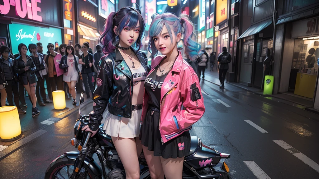 (2 smiling cyberpunk girls posing for photo), solo, waist up, (from above), (((colorful dyed hairstyle, cyberpunk clothing, standing in front of motorcycle, neon cyberpunk city street, (Harajuku tech jacket with logos m:1.2)))), official art, unity 8k wallpaper, ultra detailed, aesthetic, masterpiece, best quality, photorealistic