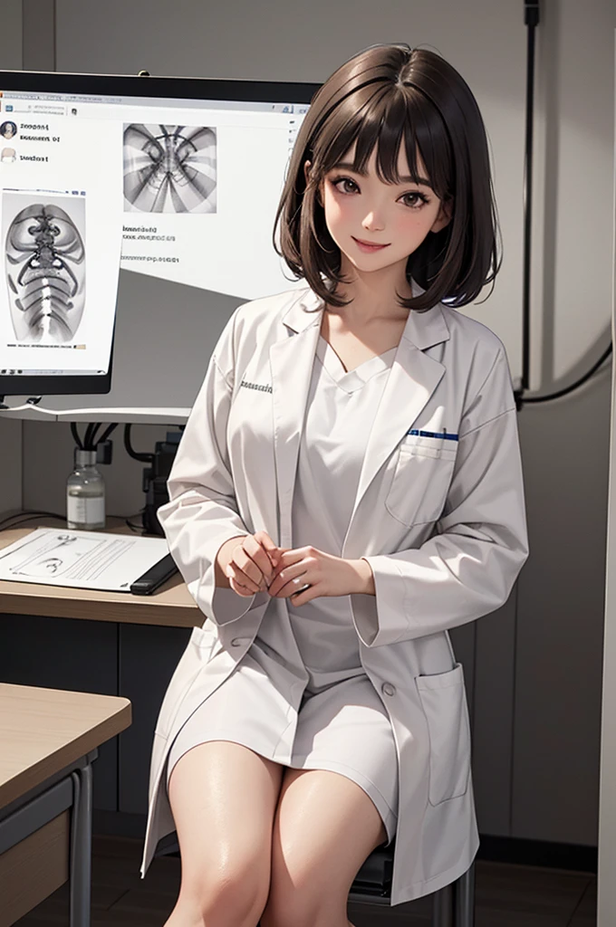 Doctor, 1 woman, solo, sitting (Looking at the audience), (white lab coat), Stylish clothes mature woman /(dark brown hair/) Bangs, smiling kindly (The best quality masterpiece:1.2) , Delicate illustrations, Special details, (hospital examination room) In the building, desk (X-ray image of the lungs:1.2) Detailed background