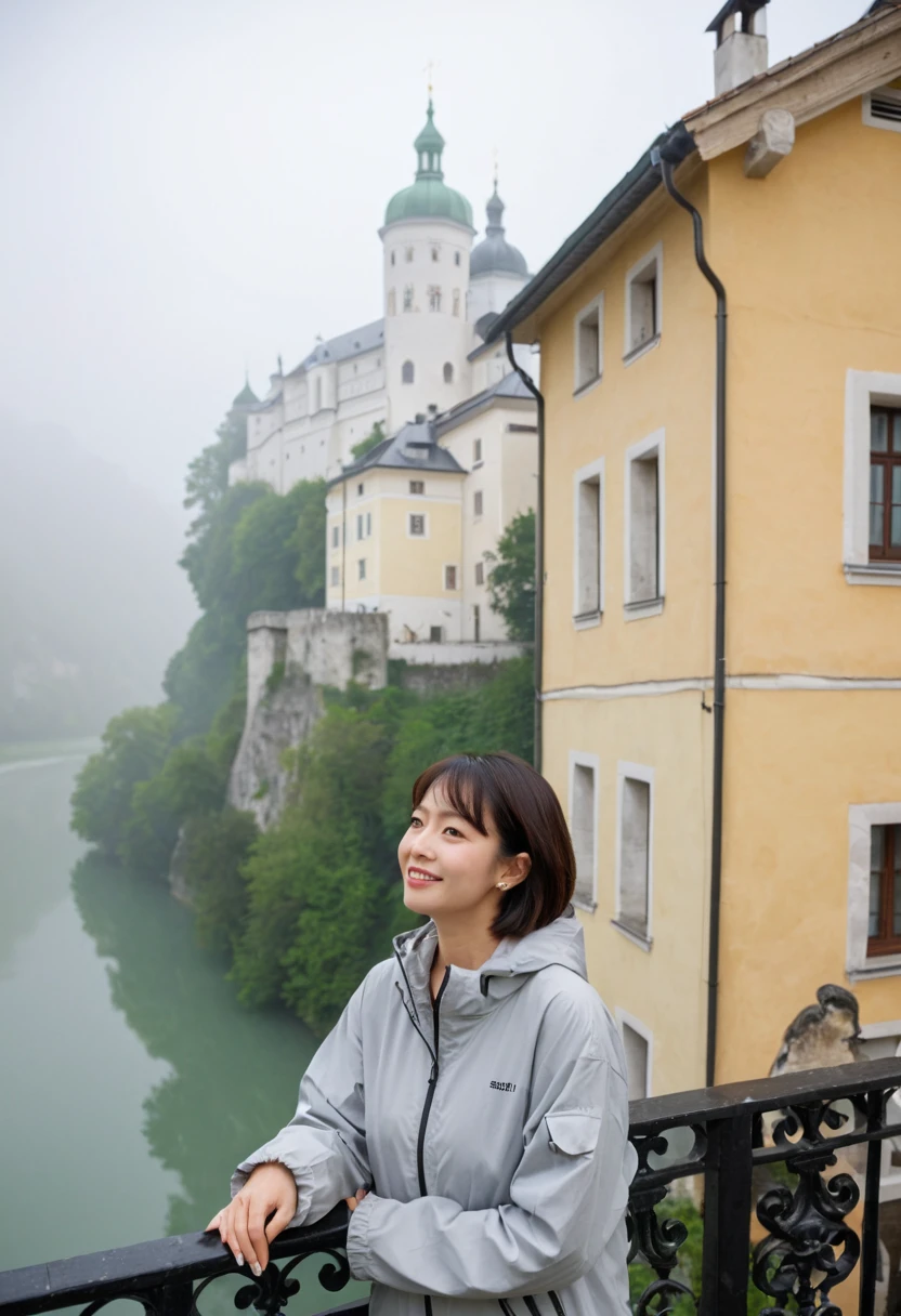 high quality, 1 woman, ((36 years old 건강한 한국 여성)), ((36 years old)), 1 woman, The eyes are big and beautiful. ((slim)), ((short medium hair)), laugh. pose: standing, windbreaker jacket, background:Your residence is a baroque townhouse with a plaster façade and wrought iron railings.... Overlooking the Salzach River and Hohensalzburg Fortress, Morning fog,, looking slightly upward, 1 woman, Full body shot with Canon 16-34 wide angle lens, View: river view, look up to the side, There is a thick fog in the river.