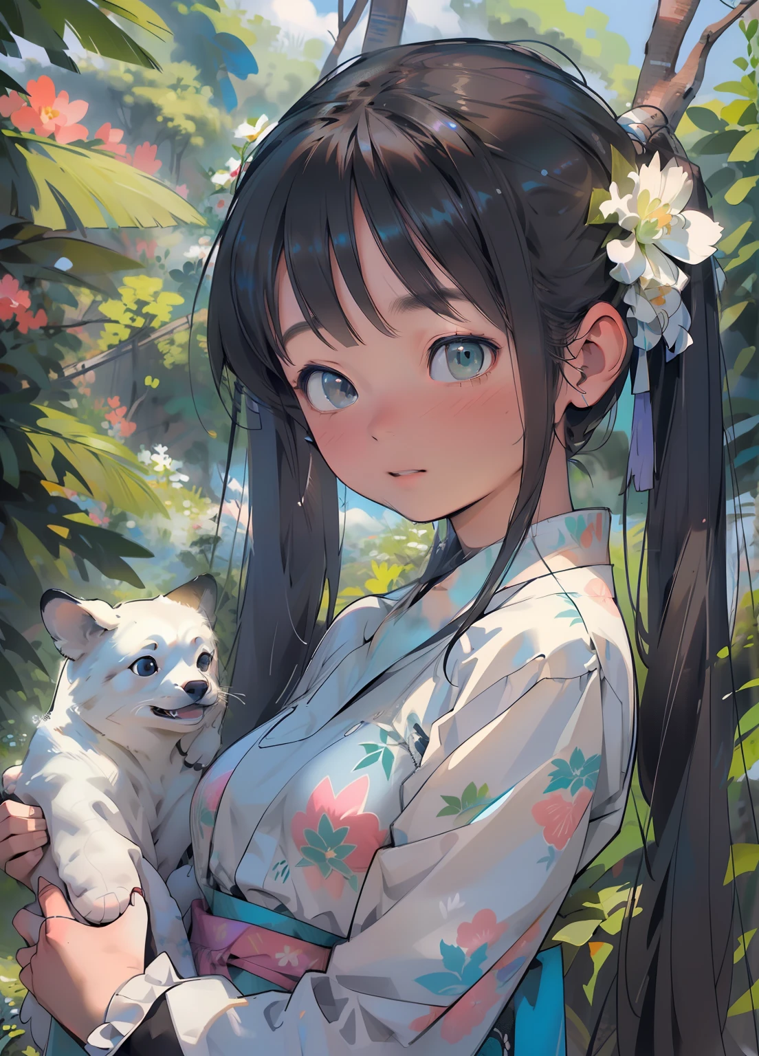 (masterpiece、Highest quality、Highest quality、Official Art、Beautiful and beautiful:1.2)、(One girl:1.3)Hatsune Miku、Twin tails,Beautiful breasts,masterpiece、Ultra-detailed、Intricate details、Realistic texture、Concave and Convex of the Human Body、Realistic details、Highest quality、Surrealist works、Women are detailed and realistic、The cutting edge of graphic art、On Kauai there are women who perform traditional dances.。She wears a floral garland and a robe of grass.、He has a bouquet in his hand。Her face looked bright and happy..、The dance movements are graceful and beautiful.。She dances as if celebrating the nature and culture of Kauai.。 Graphic art background、You can see Mount Waialeale。The summit is covered in thick clouds.、There is a mysterious atmosphere。The mountainside features lush vegetation and waterfalls.。Pure、There is a rainbow in the sky.、Other names for Kauai「Garden Island」It represents the abundance of nature。