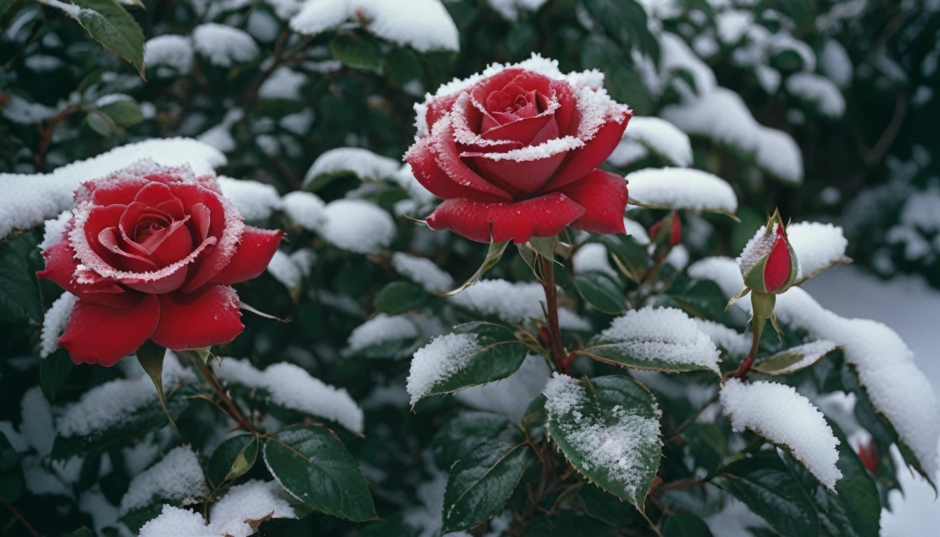 Speciality, Red roses grow on the bushes, Leaves and petals are covered with dust and snow,Shot with Canon 35mm lens, photo of a rose, taken with a pentax k1000, Shot with Pentax 1000, Two 5-mm ports, Shot at Kodak Portra, Rose Twinings, Red Rose, 35mm shot
