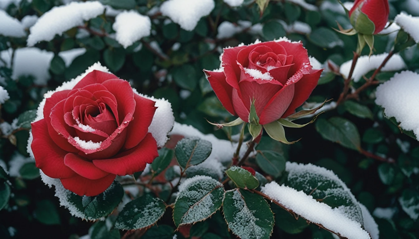 Speciality, Red roses grow on the bushes, Leaves and petals are covered with dust and snow,Shot with Canon 35mm lens, photo of a rose, taken with a pentax k1000, Shot with Pentax 1000, Two 5-mm ports, Shot at Kodak Portra, Rose Twinings, Red Rose, 35mm shot