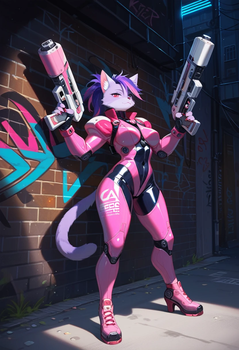 animation, Highest quality, Highest quality, High quality illustrations, masterpiece, Ultra-high resolution, Detailed Background, Alley, night, Graffiti art on the wall, Absurd, Perfect Anatomy, performance, Good lighting, Shadows in the movies(kemono, Furry PersonifiCation), Cat, woman, Purple Skin, pink rubber suit, latex, neon, neonライト, neonカラー, Bodysuits, Cyber Suit, Mech Suit, Rubber Half Jacket, cyber punk, Blade Runner, He has a gun in his right hand, Holding a blade in his left hand