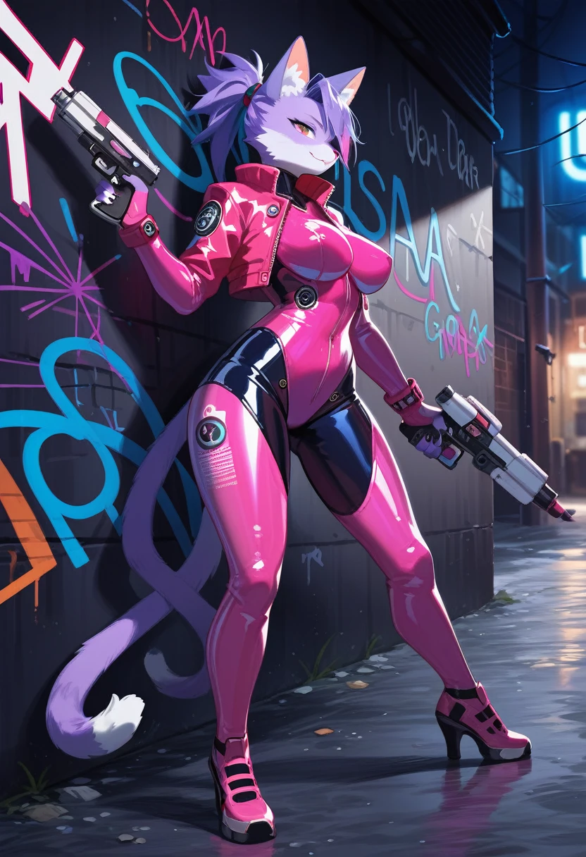 animation, Highest quality, Highest quality, High quality illustrations, masterpiece, Ultra-high resolution, Detailed Background, Alley, night, Graffiti art on the wall, Absurd, Perfect Anatomy, performance, Good lighting, Shadows in the movies(kemono, Furry PersonifiCation), Cat, woman, Purple Skin, pink rubber suit, latex, neon, neonライト, neonカラー, Bodysuits, Cyber Suit, Mech Suit, Rubber Half Jacket, cyber punk, Blade Runner, He has a gun in his right hand, Holding a blade in his left hand