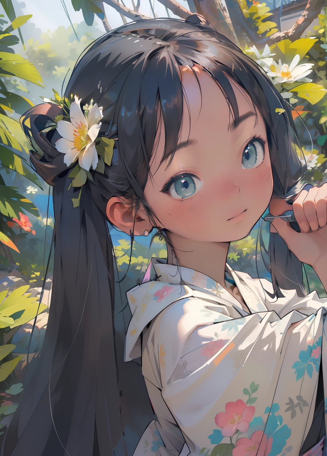 (masterpiece、Highest quality、Highest quality、Official Art、Beautiful and beautiful:1.2)、(One girl:1.3)Hatsune Miku、Twin tails,Beautiful breasts,masterpiece、Ultra-detailed、Intricate details、Realistic texture、Concave and Convex of the Human Body、Realistic details、Highest quality、Surrealist works、Women are detailed and realistic、The cutting edge of graphic art、On Kauai there are women who perform traditional dances.。She wears a floral garland and a robe of grass.、He has a bouquet in his hand。Her face looked bright and happy..、The dance movements are graceful and beautiful.。She dances as if celebrating the nature and culture of Kauai.。 Graphic art background、You can see Mount Waialeale。The summit is covered in thick clouds.、There is a mysterious atmosphere。The mountainside features lush vegetation and waterfalls.。Pure、There is a rainbow in the sky.、Other names for Kauai「Garden Island」It represents the abundance of nature。
